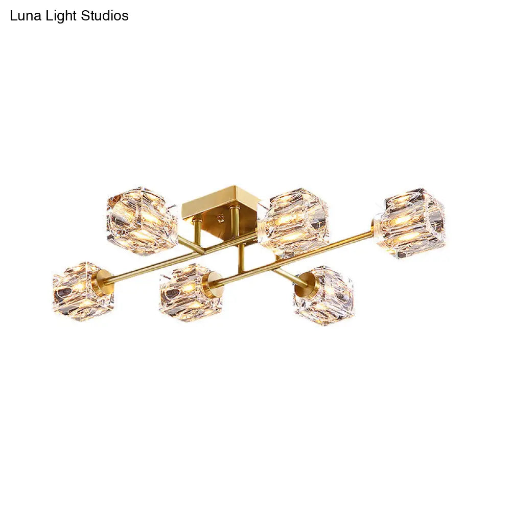 Postmodern Gold Crystal Semi Flush Mount Ceiling Light - Cubic Dimpled Design (4/6 Heads)
