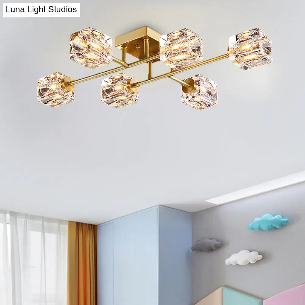 Postmodern Gold Crystal Semi Flush Mount Ceiling Light - Cubic Dimpled Design (4/6 Heads)