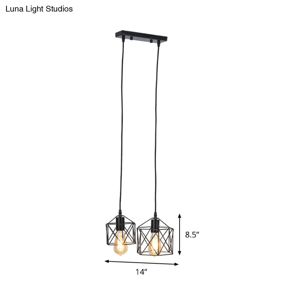 Retro Hexagon Multi-Pendant Ceiling Fixture With Black Metal Frame And 2 Lights