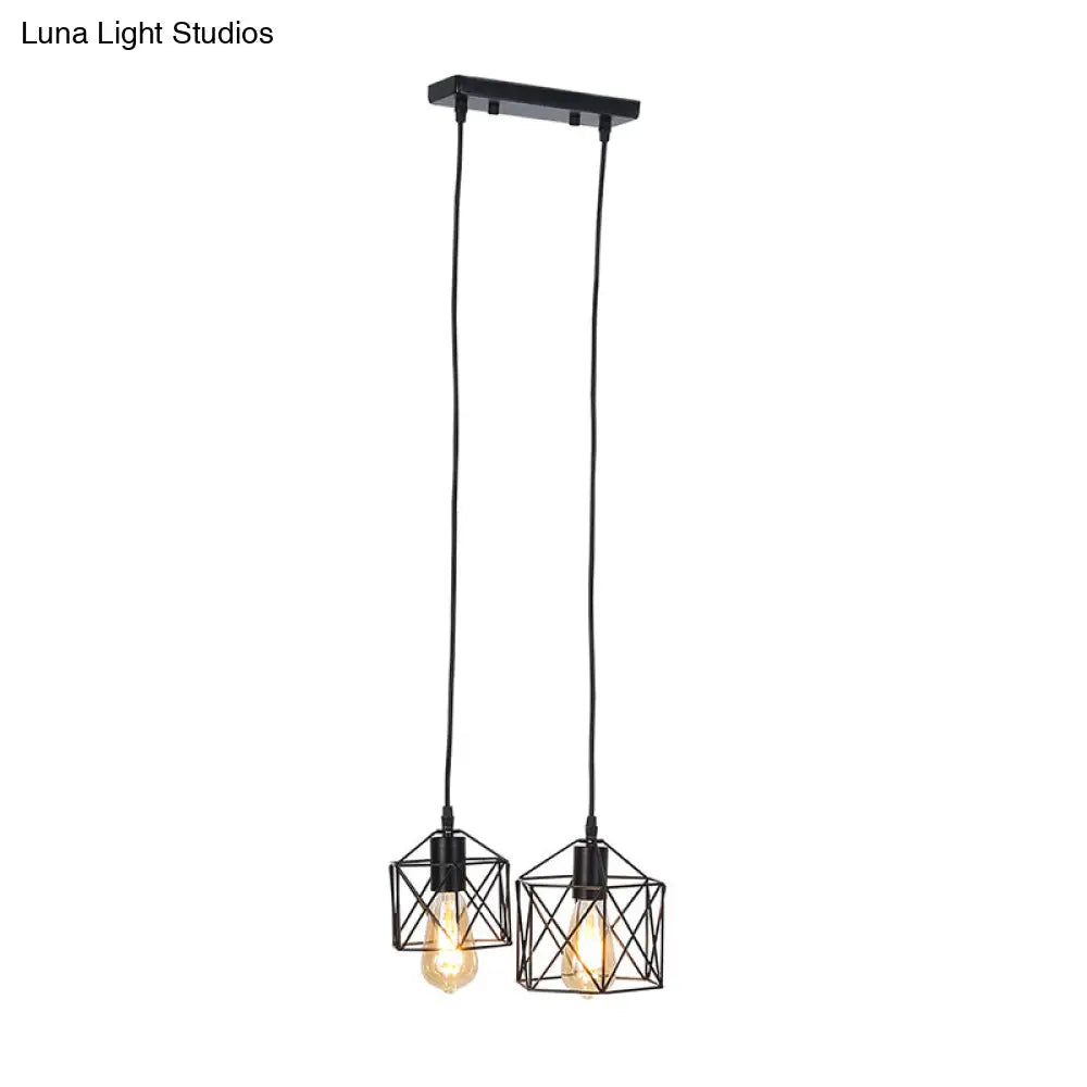 Retro Hexagon Multi-Pendant Ceiling Fixture With Black Metal Frame And 2 Lights