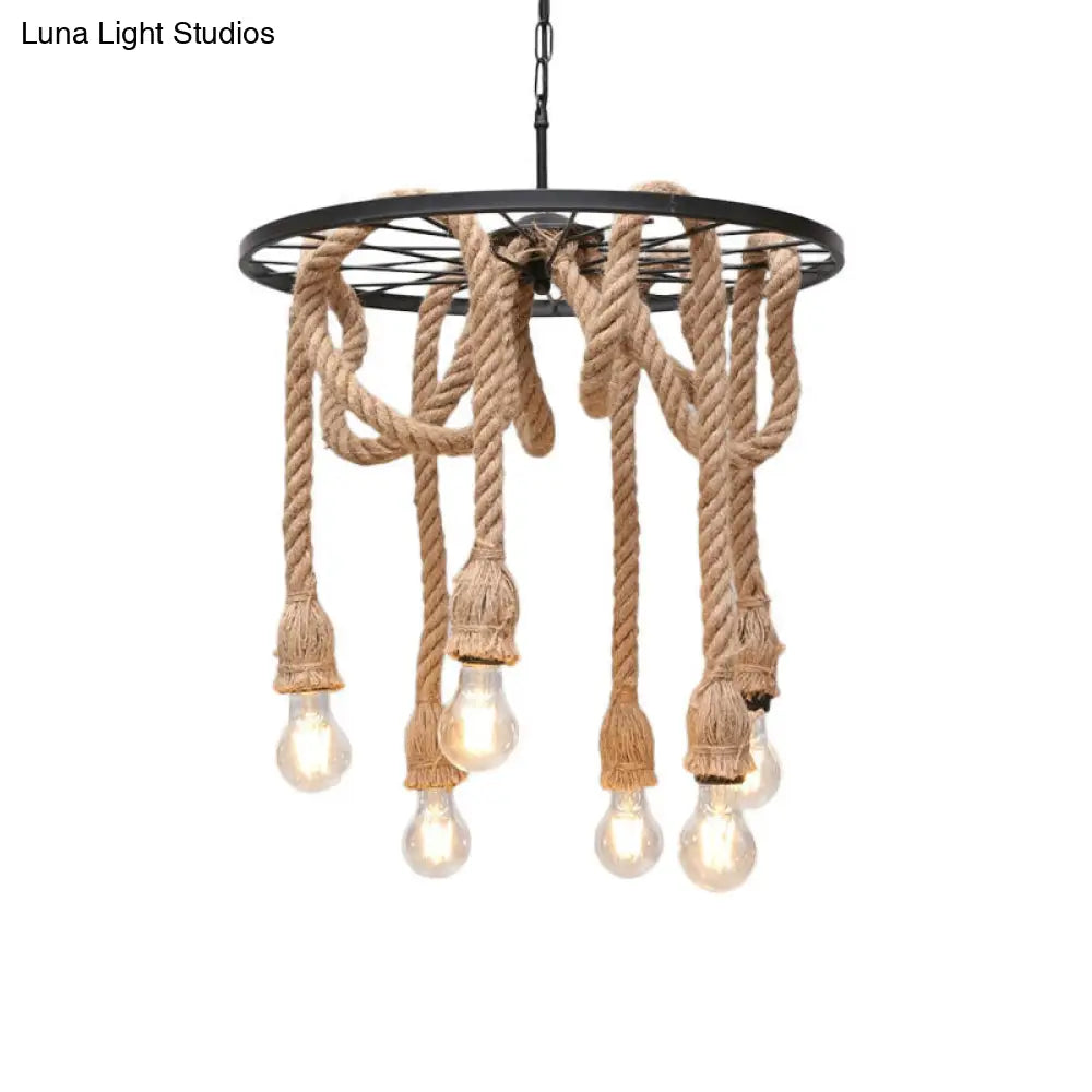 Retro Industrial Black Metal Wagon Wheel Chandelier With Rope Suspension - Restaurant Lighting