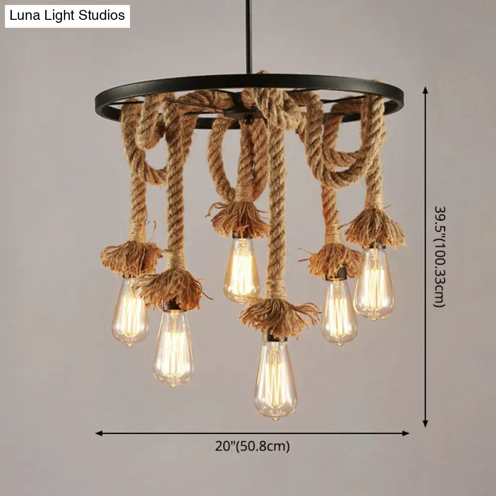 Retro Industrial Black Metal Wagon Wheel Chandelier With Rope Suspension - Restaurant Lighting