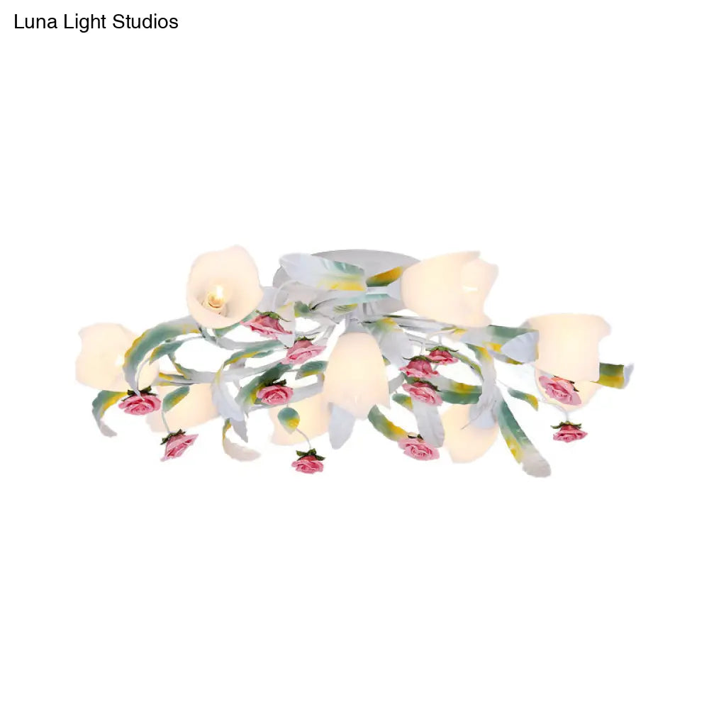 Rose Living Room Semi-Flush Mount Pastoral Ceiling Lamp - Green/White 4/6/9 Heads