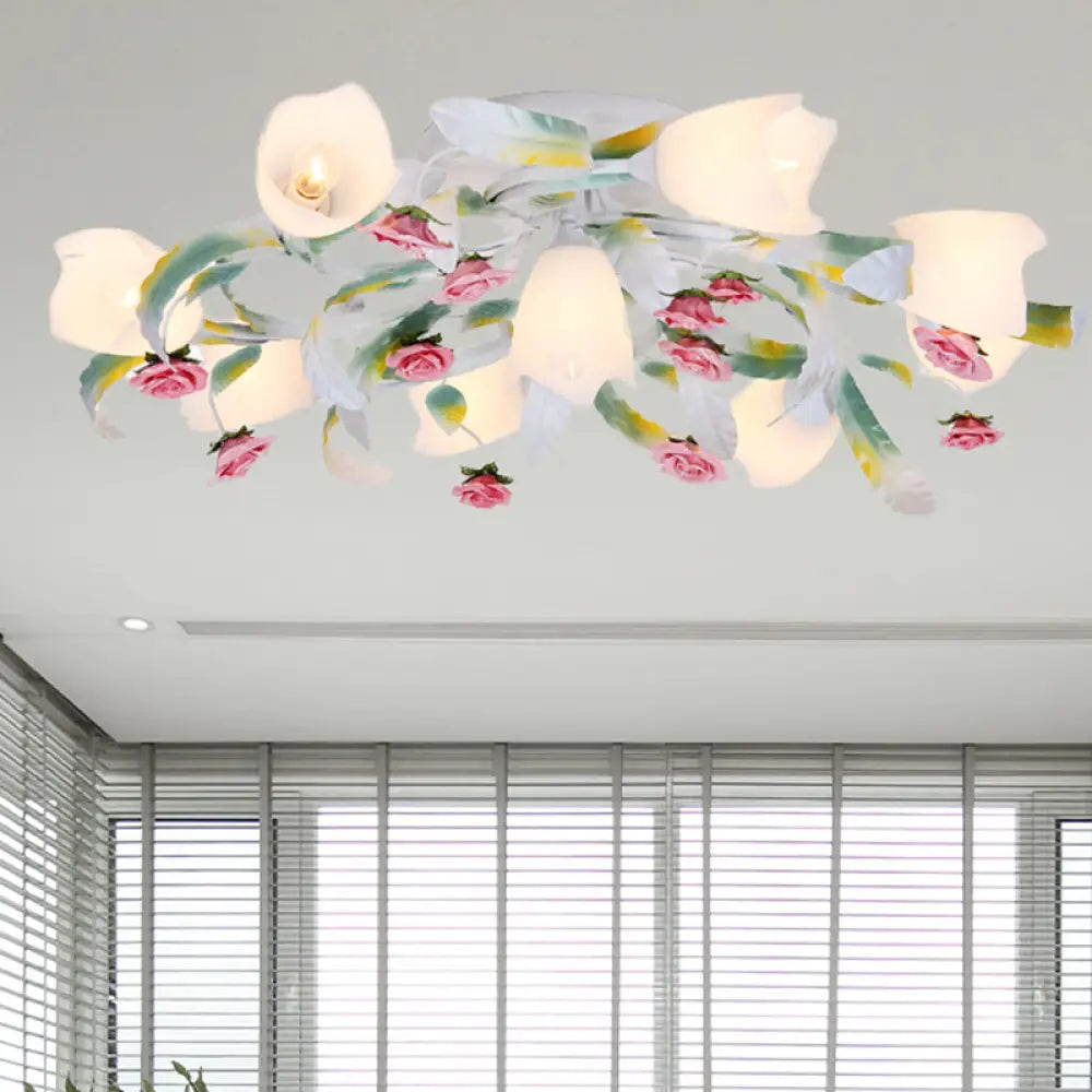 Rose Living Room Semi-Flush Mount Pastoral Ceiling Lamp - Green/White 4/6/9 Heads 9 / Green-White