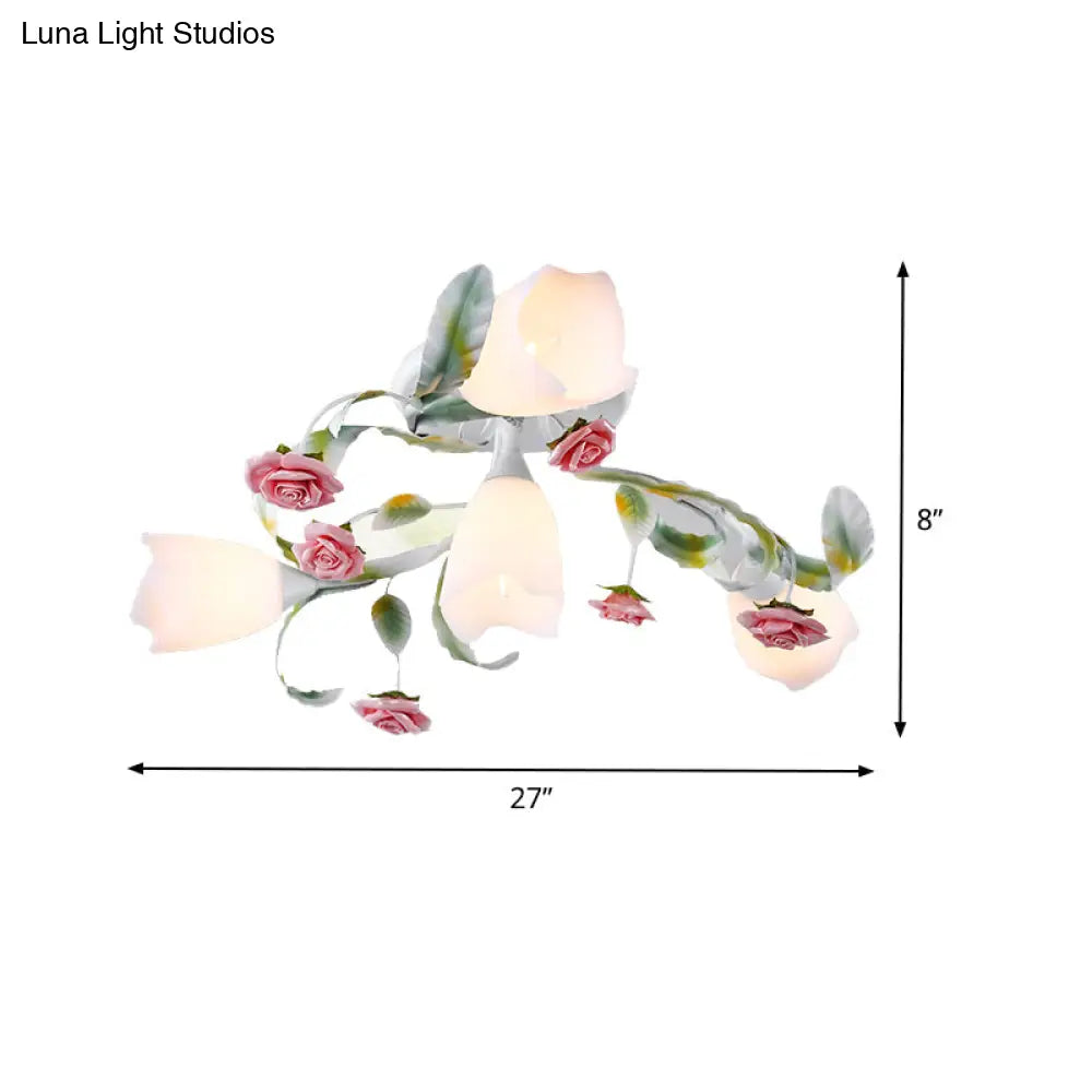 Rose Living Room Semi-Flush Mount Pastoral Ceiling Lamp - Green/White 4/6/9 Heads