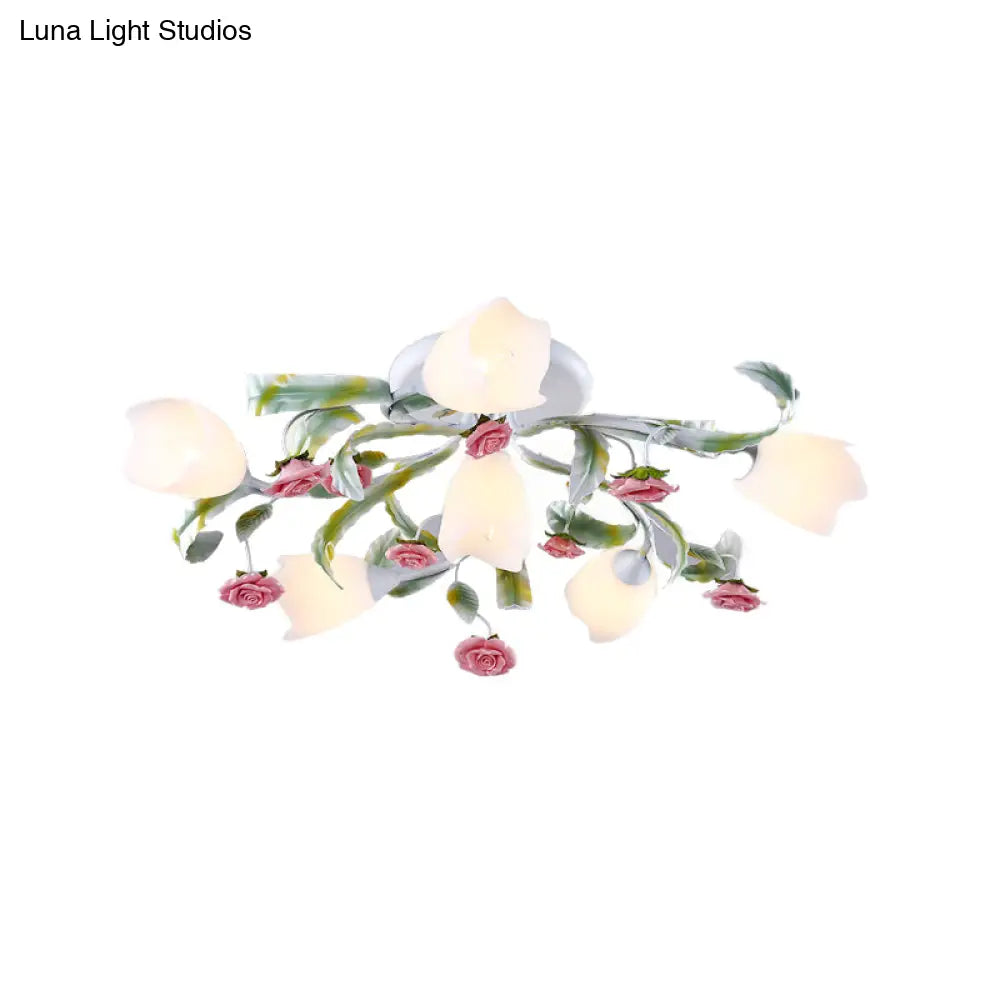 Rose Living Room Semi-Flush Mount Pastoral Ceiling Lamp - Green/White 4/6/9 Heads