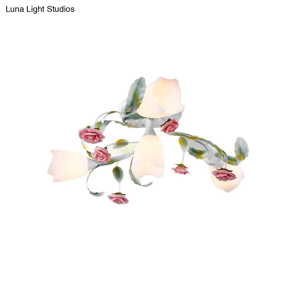 Rose Living Room Semi-Flush Mount Pastoral Ceiling Lamp - Green/White 4/6/9 Heads