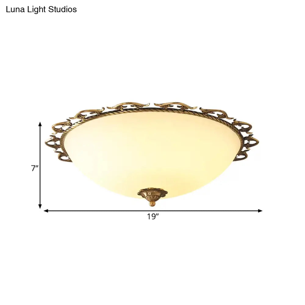 Rural Brass Flush Mount Ceiling Lamp With Frosted White Glass - 3/5 Bulbs Half - Globe Design
