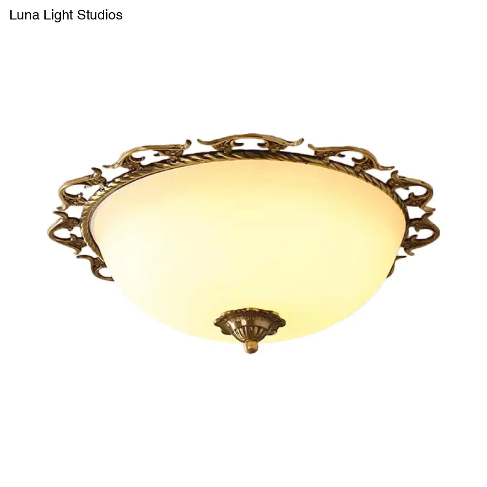 Rural Brass Flush Mount Ceiling Lamp With Frosted White Glass - 3/5 Bulbs Half - Globe Design