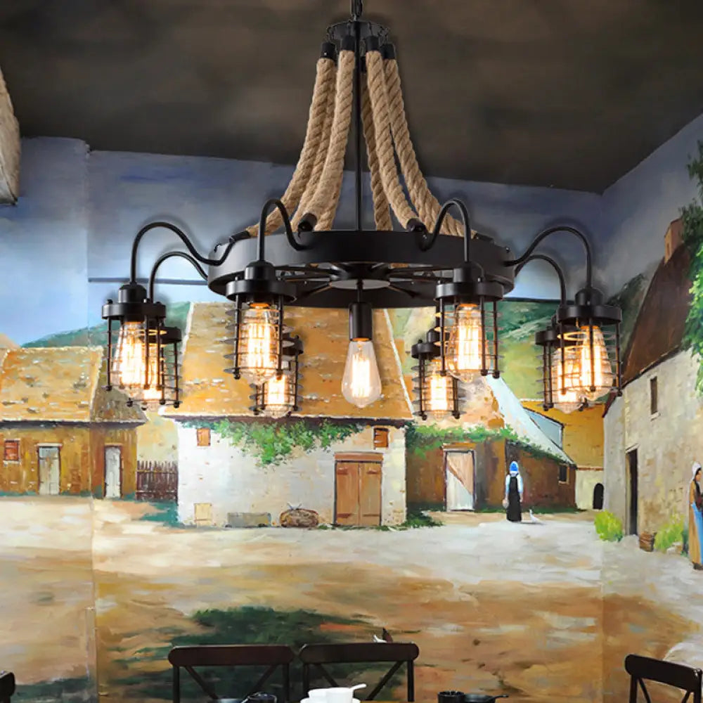 Rustic Black Metal Chandelier With 7/9 Cylinder Cage Heads And Rope Suspension 9 /