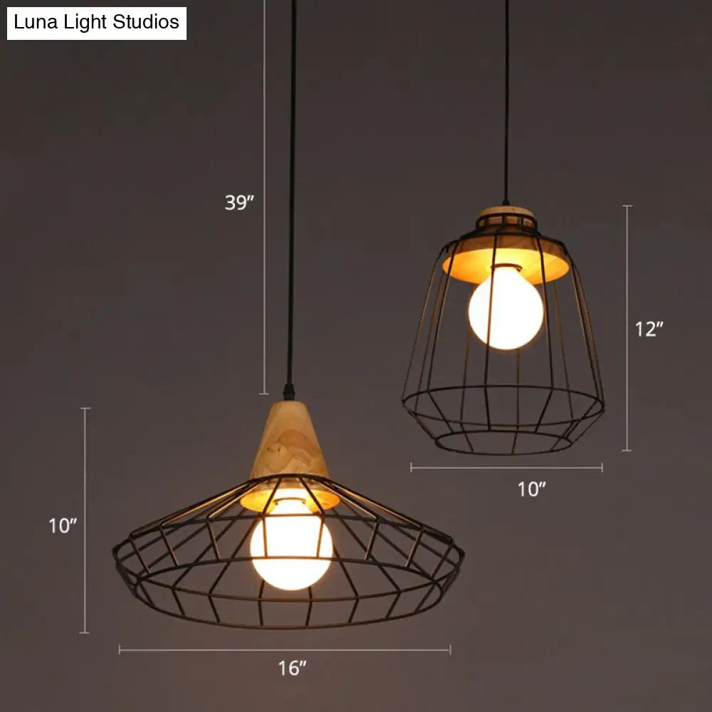 Rustic Black Metal Pendant Light With Wooden Socket - Commercial Grade 1-Light Caged Hanging Fixture