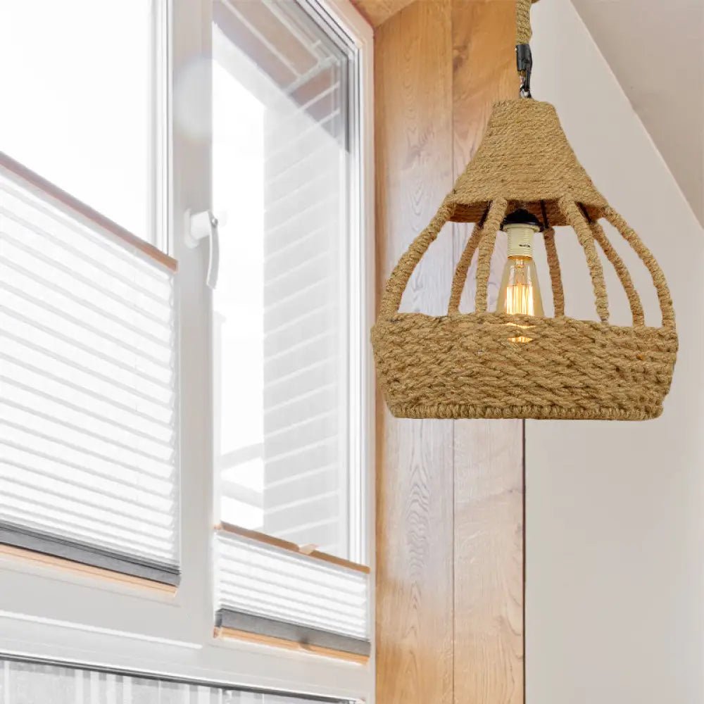 Rustic Brown Balcony Pendant Light Fixture With Rope Dome Shade - Country Style Suspension