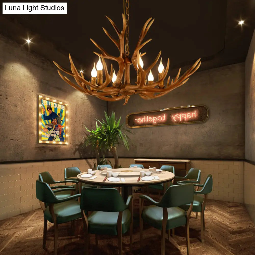 Rustic Deer Horn Chandelier With Adjustable Chain - 6-Light Original Wood Color Retro Candlestick