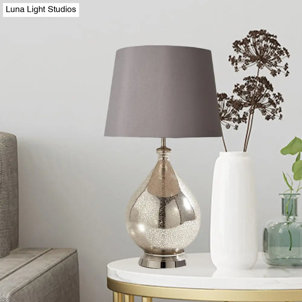 Rustic Fabric Table Light 1 Night Lighting With Teardrop Pedestal White/Coffee/Gray Perfect For