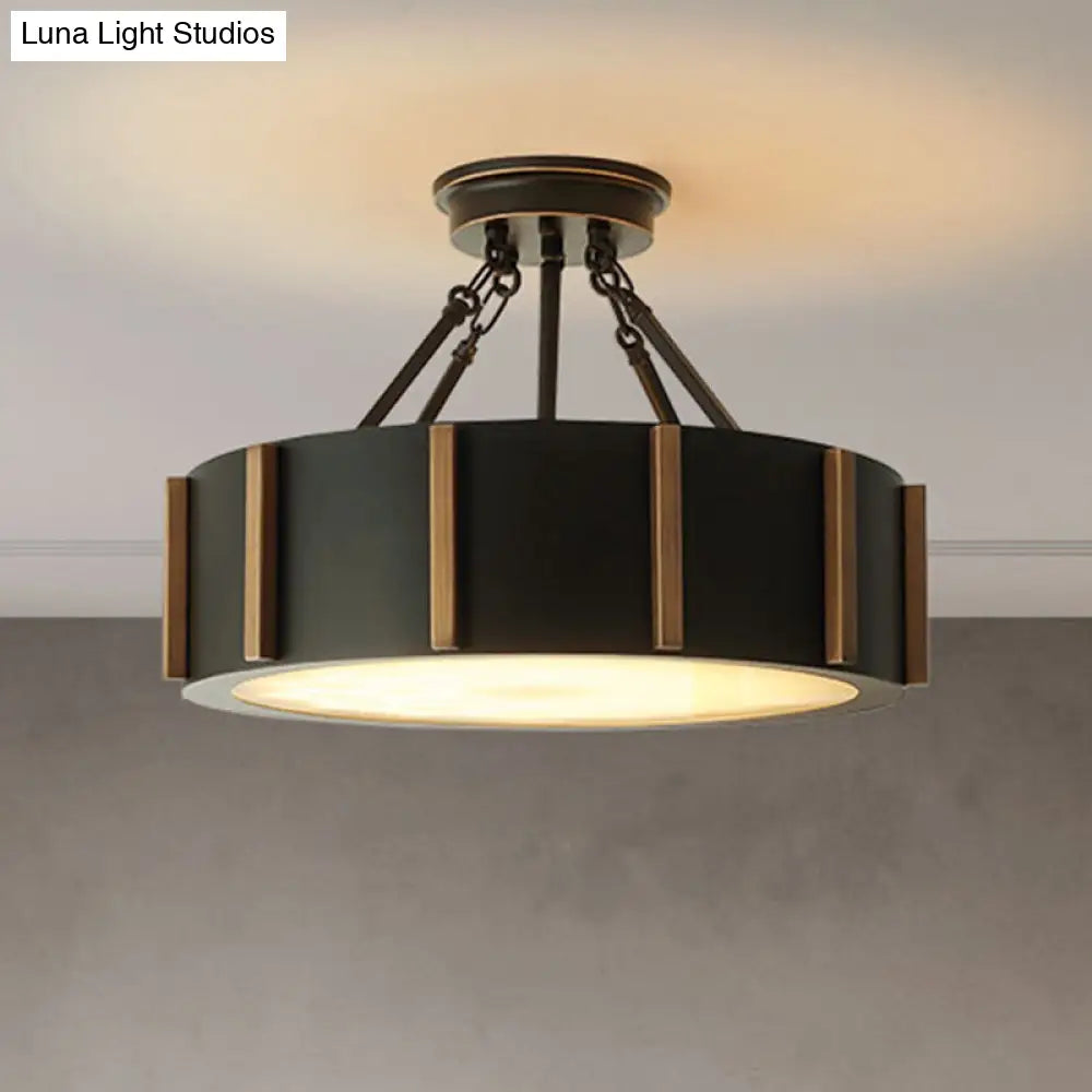 Rustic Led Semi Flush Drum Light - Warm Black Metallic Close-To-Ceiling Fixture 18 Width Ceiling