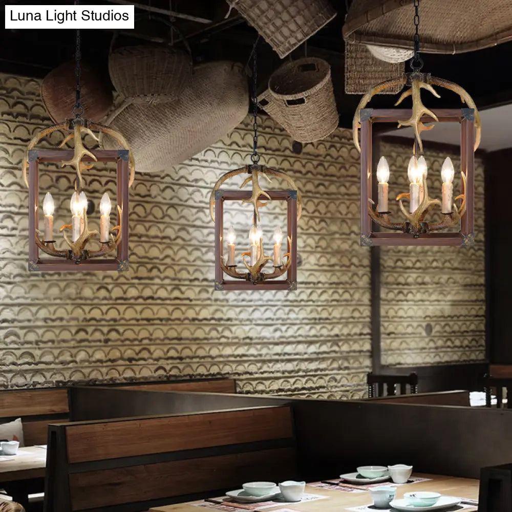 Rustic Metal Rectangle Frame Pendant Chandelier - Red Brown Finish 4/8 Lights Ideal For Dining Room