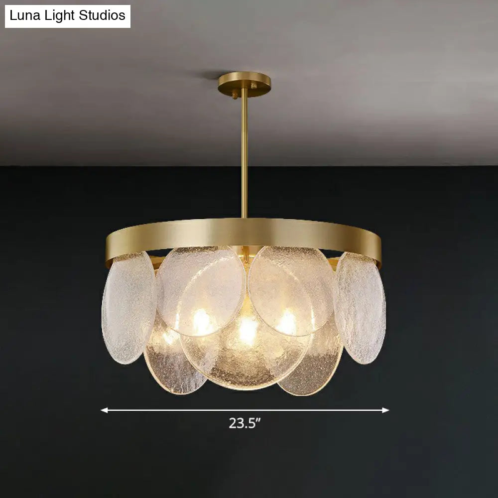 Seeded Glass Disc Chandelier With Brass Finish: 3-Light Pendant For Postmodern Living Room