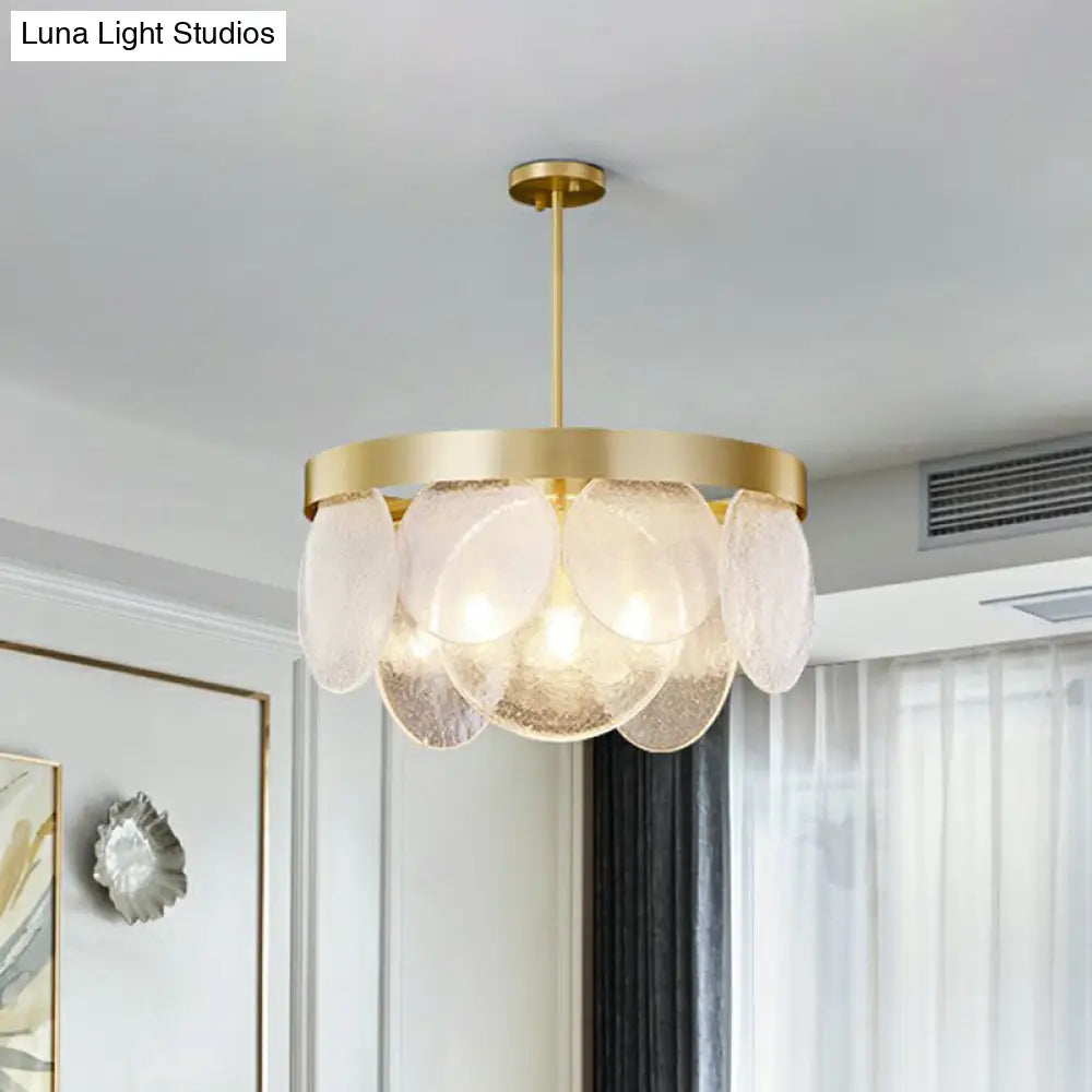 Seeded Glass Disc Chandelier With Brass Finish: 3-Light Pendant For Postmodern Living Room