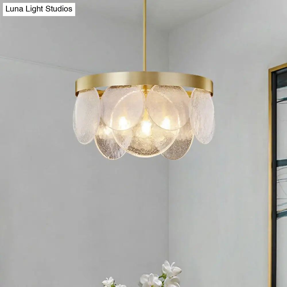 Seeded Glass Disc Chandelier With Brass Finish: 3-Light Pendant For Postmodern Living Room