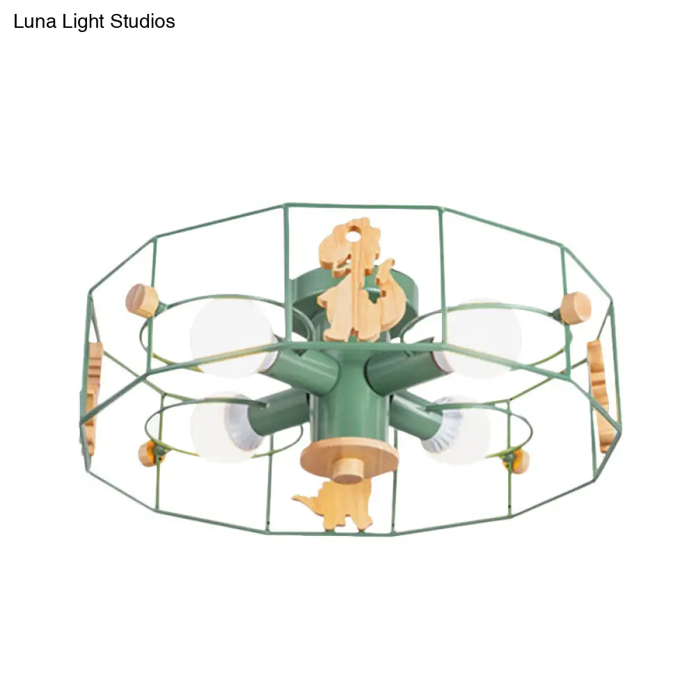 Semi Flush Cartoon Iron Drum Frame Light With 4 Green Lights - Close To Ceiling Lamp