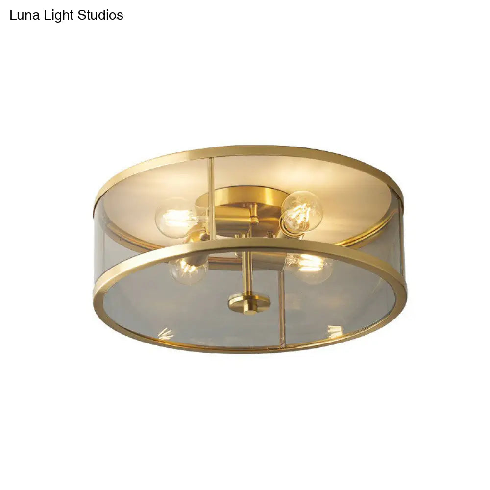Simplicity Brass Clear Glass 4 - Bulb Drum Flush Ceiling Light For Bedroom
