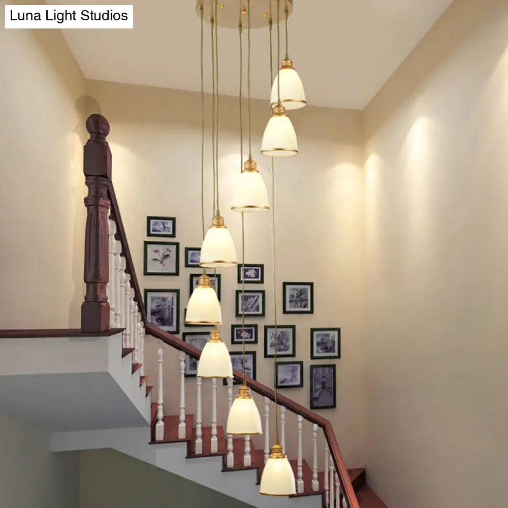 Simplicity Multi-Light Pendant | Cream Glass Spiral Bell Shade Staircase Hanging Light