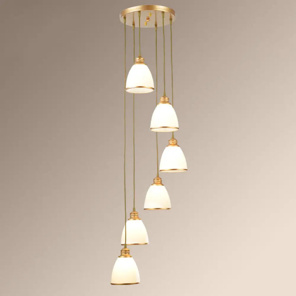 Simplicity Multi-Light Pendant | Cream Glass Spiral Bell Shade Staircase Hanging Light 6 / Gold