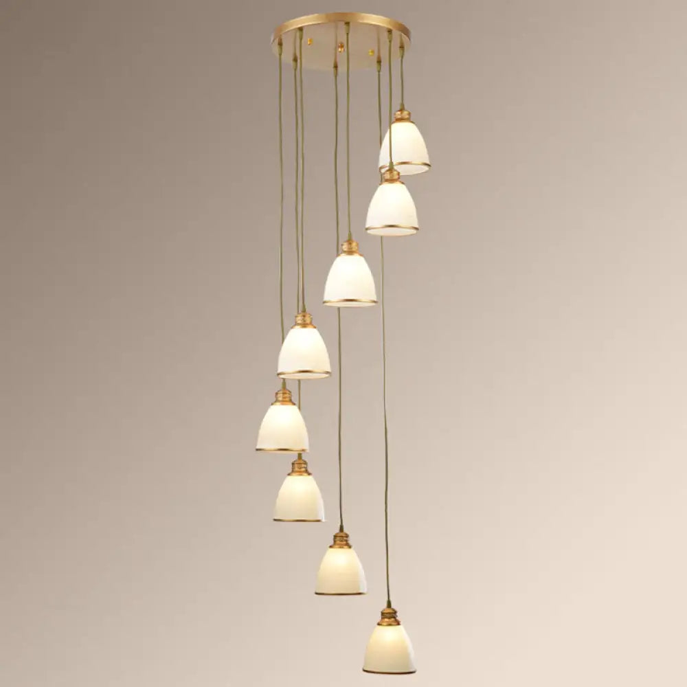 Simplicity Multi-Light Pendant | Cream Glass Spiral Bell Shade Staircase Hanging Light 8 / Gold