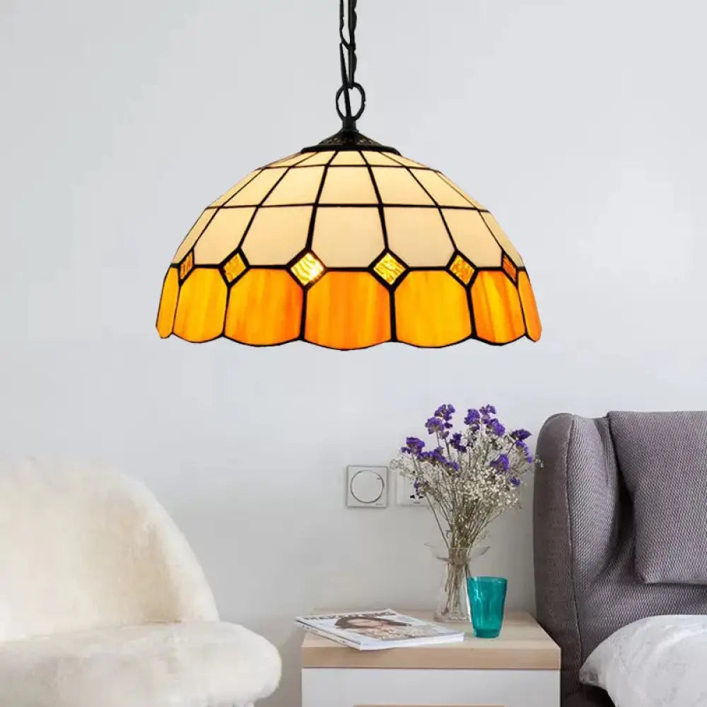 Tiffany Art Glass Dome Pendant Light - Beige/Orange/Blue 1 Bulb Ceiling Hang Fixture For Living