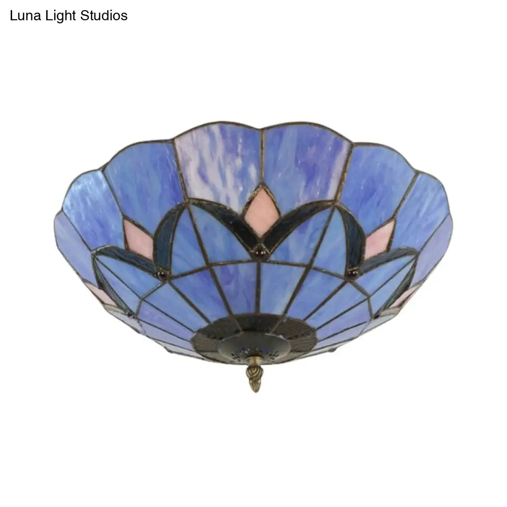 Tiffany Blue Glass Ceiling Lamp With 3 Bulbs - Traditional Flush Mount For Bedroom