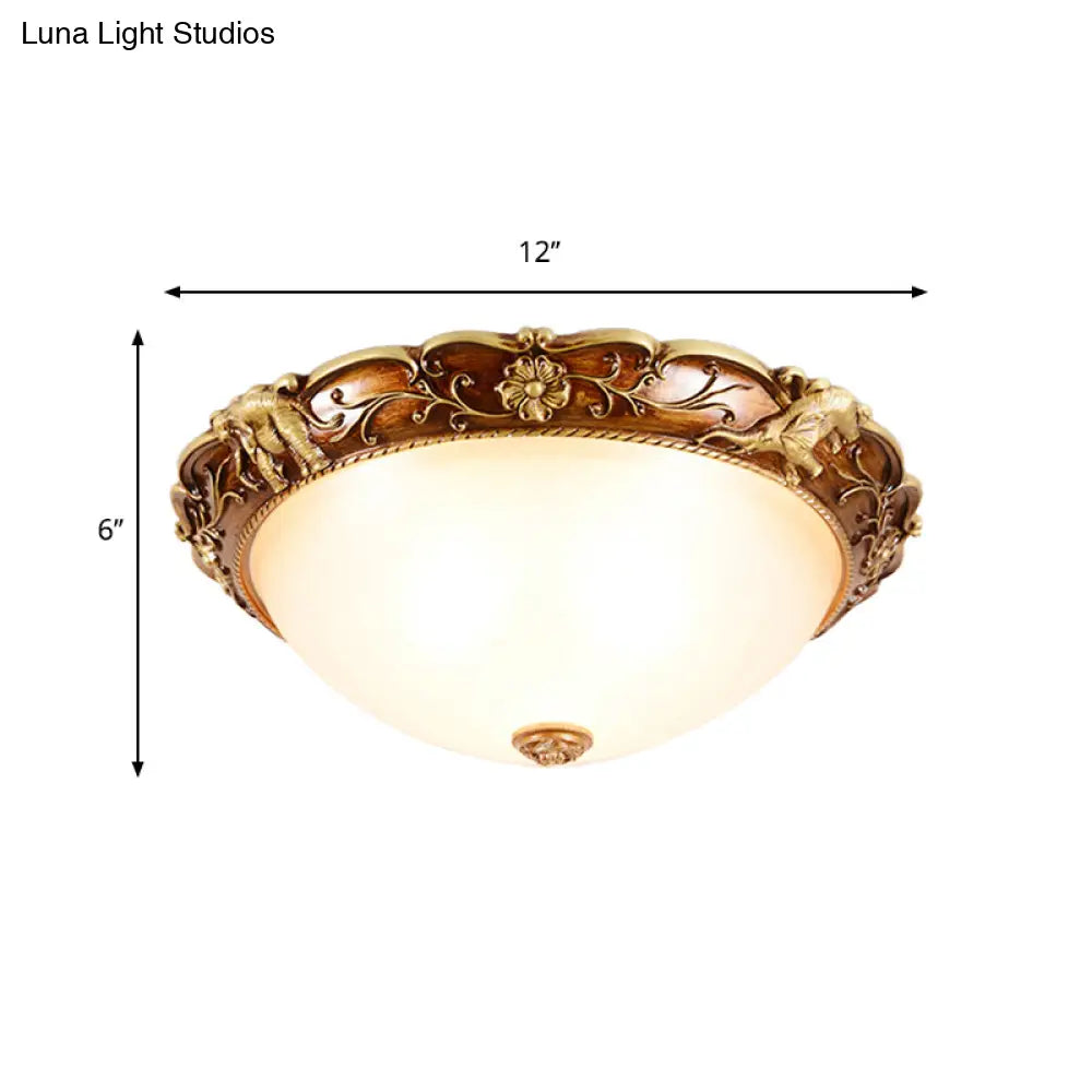 Traditional Flush Mount Ceiling Lighting With Floral And Elephant Deco In Brown - 3 - Light Bowl