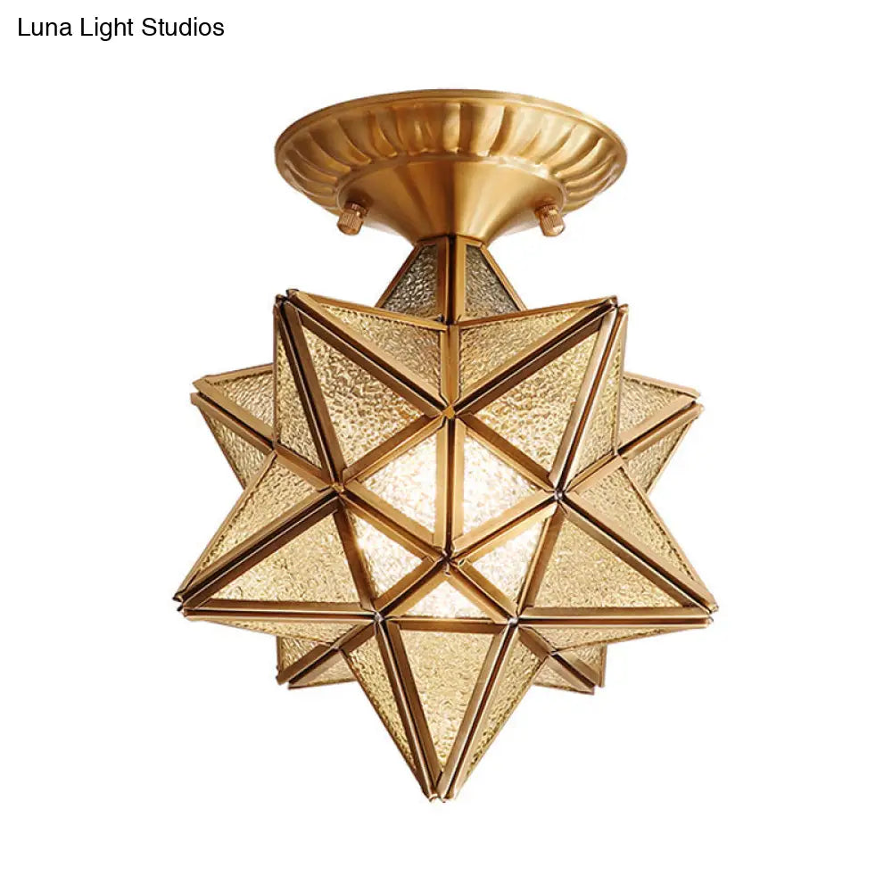 Traditional Star Semi Flush Ceiling Light In Clear/Textured White Glass - Ideal For Living Room