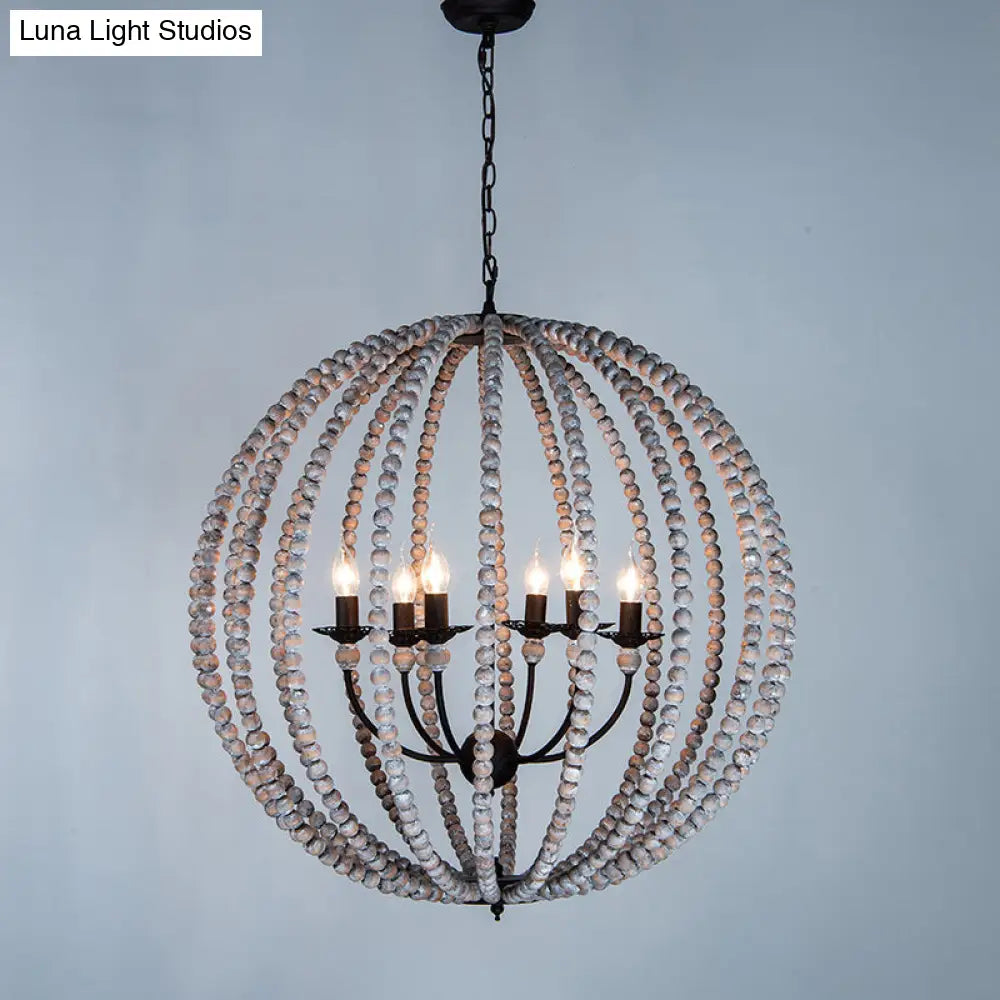 Traditional Wood Beaded Sphere Pendant Chandelier With Inner Candelabra Design