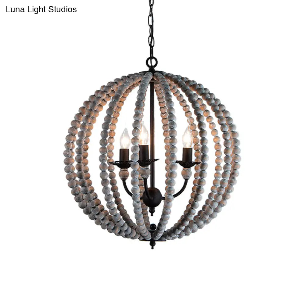 Traditional Wood Beaded Sphere Pendant Chandelier With Inner Candelabra Design