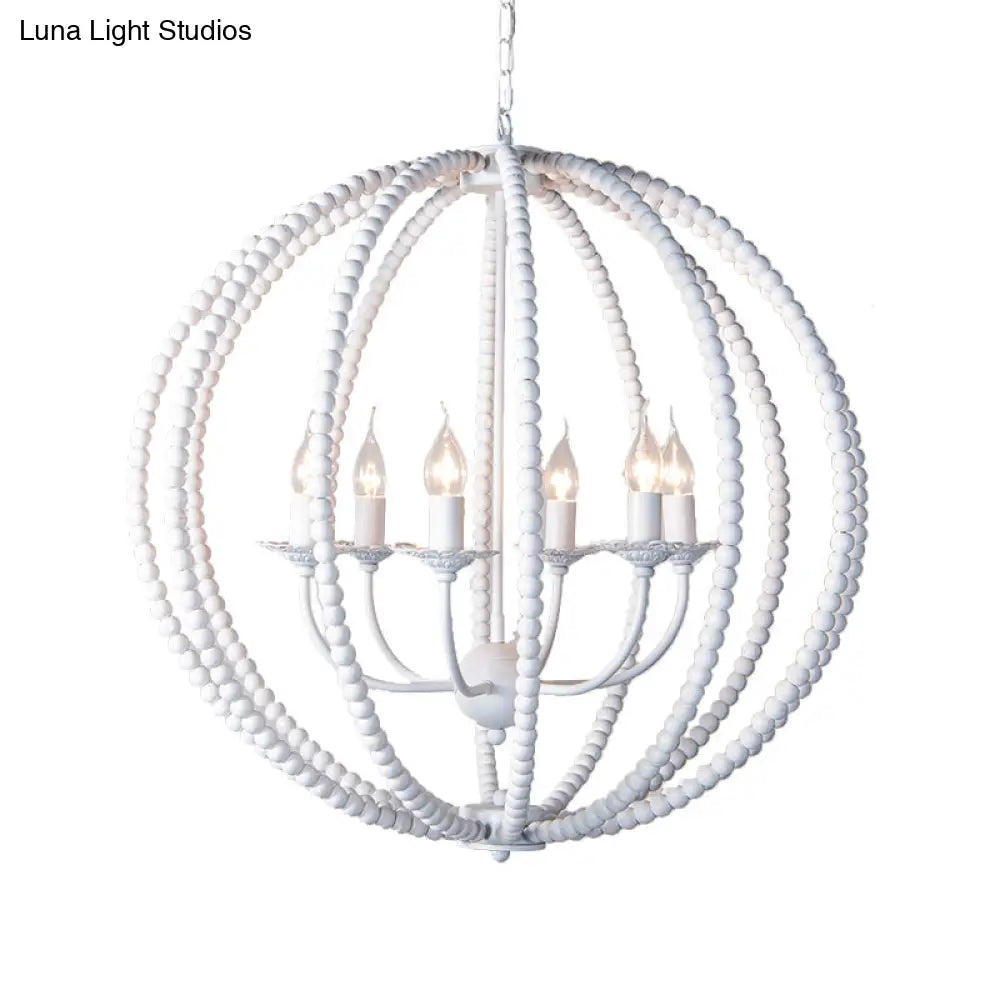Traditional Wood Beaded Sphere Pendant Chandelier With Inner Candelabra Design