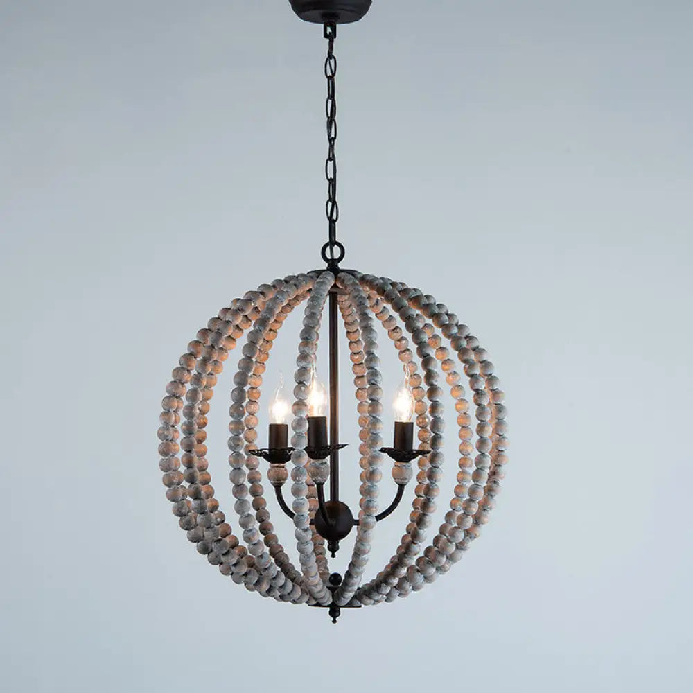 Traditional Wood Beaded Sphere Pendant Chandelier With Inner Candelabra Design Grey / Medium