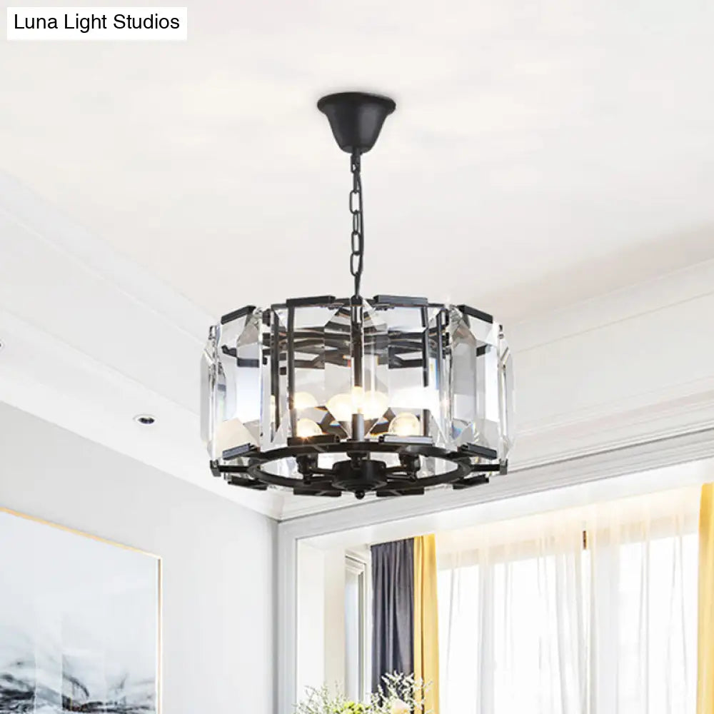 Vintage Black Metal Drum Shade Chandelier With Crystal Block - 18’ Diameter 5/8 Heads Hanging Lamp