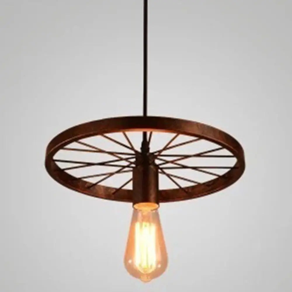 Vintage Black Metal Wagon Wheel Hanging Pendant Light For Coffee Shop Suspension 1 / Rust