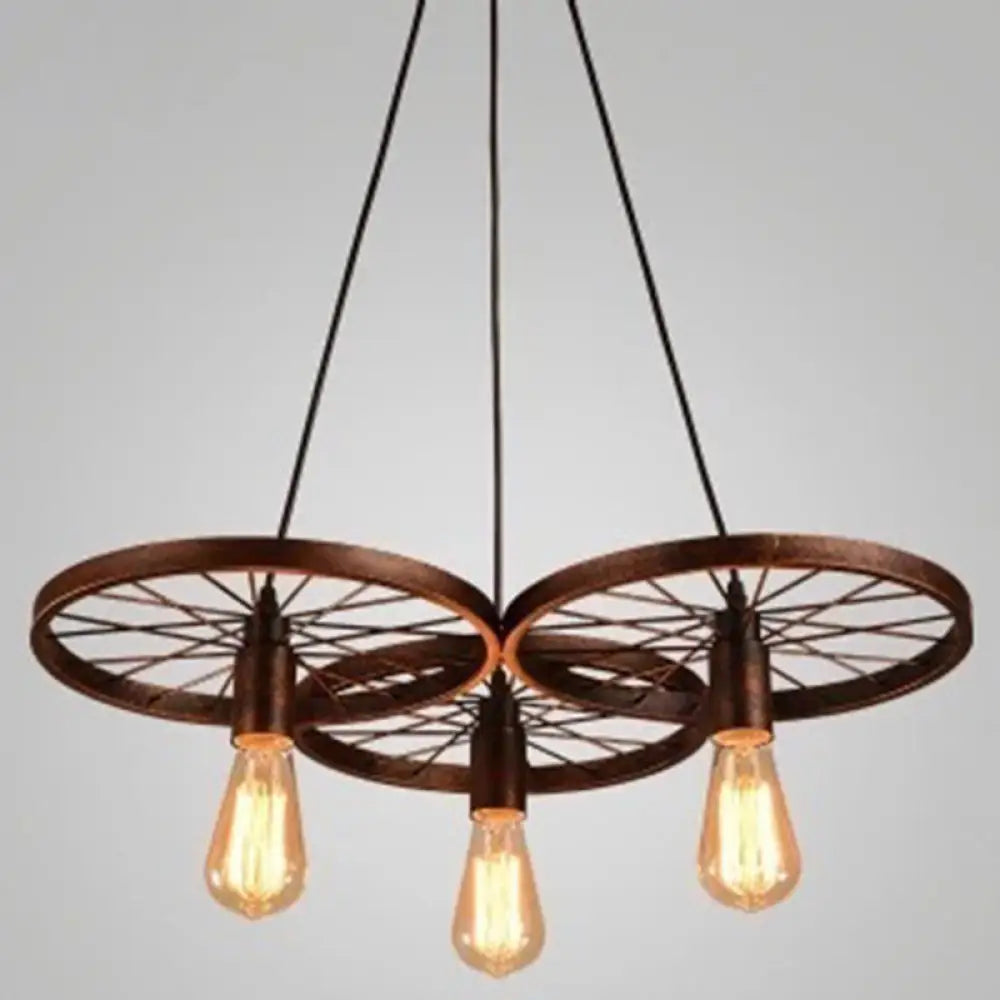 Vintage Black Metal Wagon Wheel Hanging Pendant Light For Coffee Shop Suspension 3 / Rust