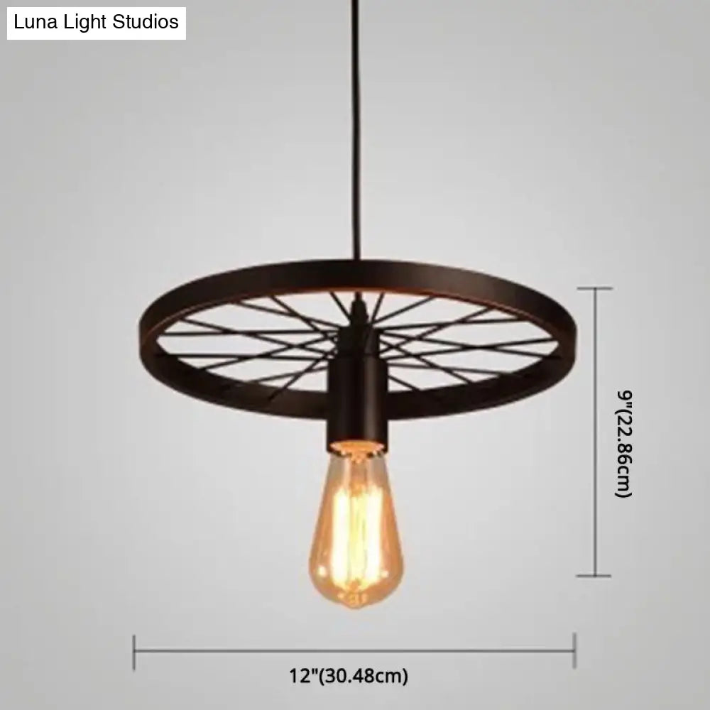 Vintage Black Metal Wagon Wheel Hanging Pendant Light For Coffee Shop Suspension