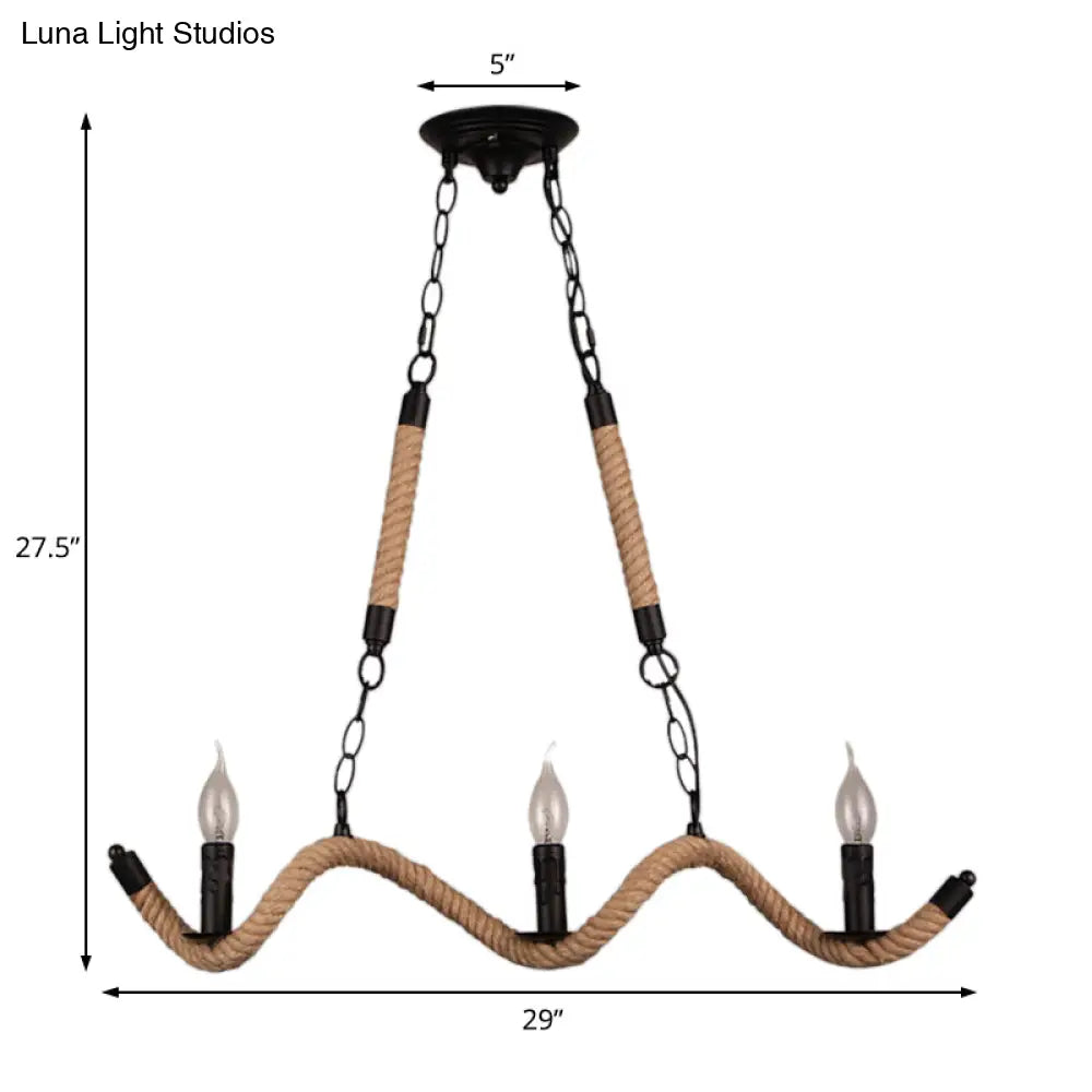 Vintage Black Rope Pendant Light Fixture - 3-Light Candle Island Lamp For Dining Room