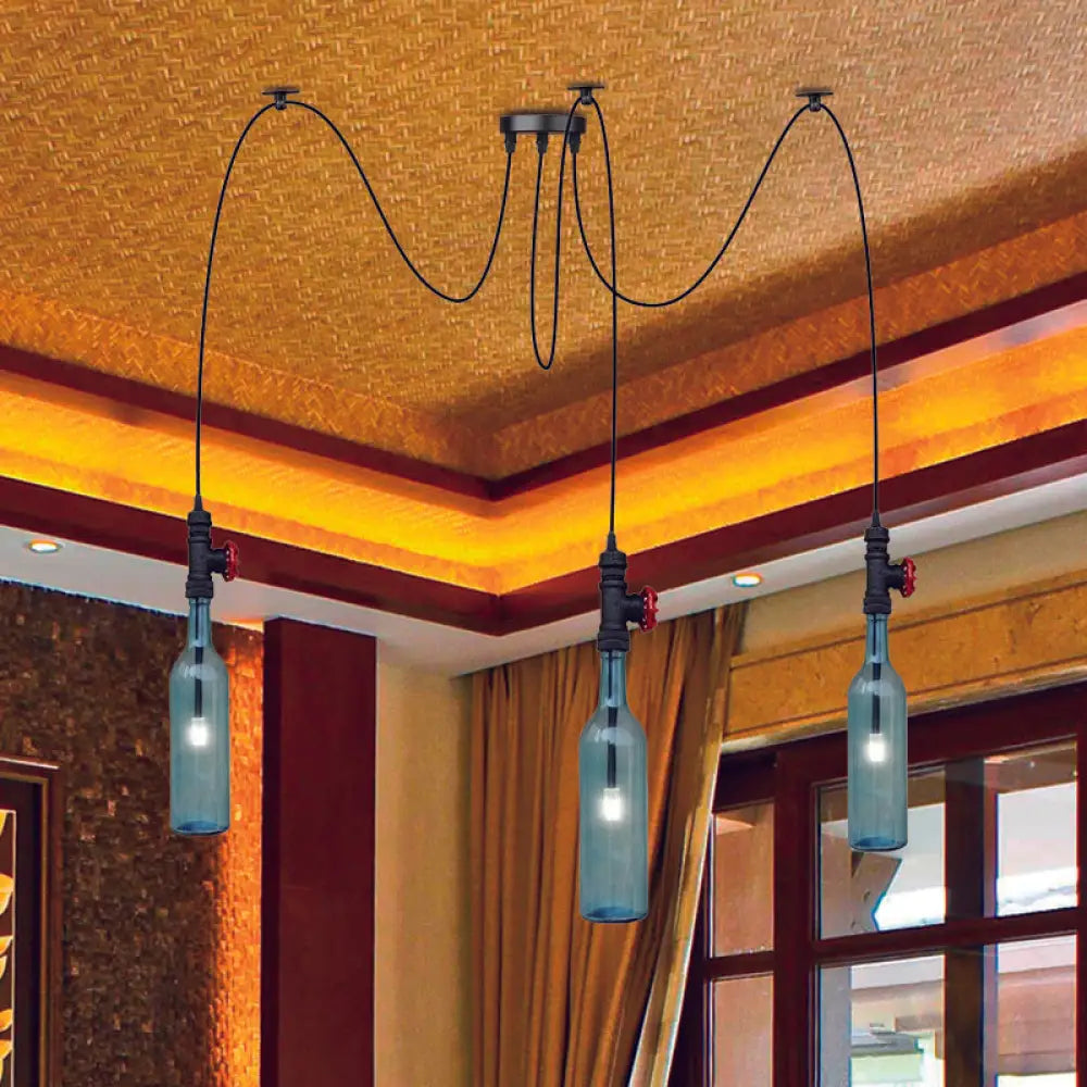 Vintage Blue Glass Black Swag Cluster Pendant Light With Hanging Lamp Kit - Suitable For Restaurants