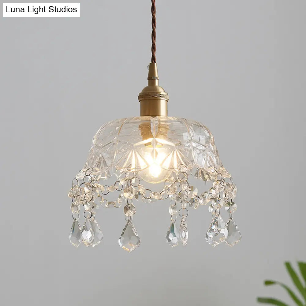 Vintage Brass Pendant Light With Clear Glass Shade And Crystal Drip - Floral Inspired Dining Room