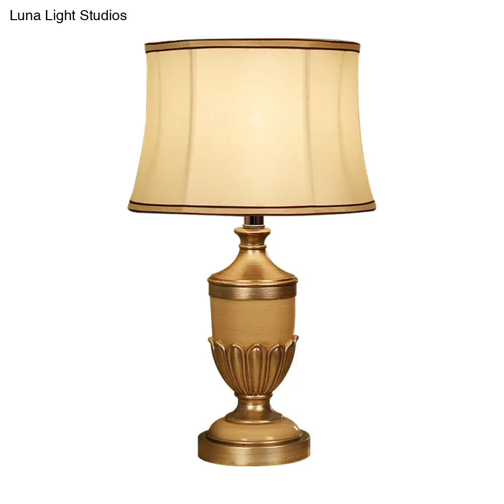 Vintage Drum Desk Lamp With Fabric Night Table Lighting - 1 Head Black/Brown/Green Pot Base