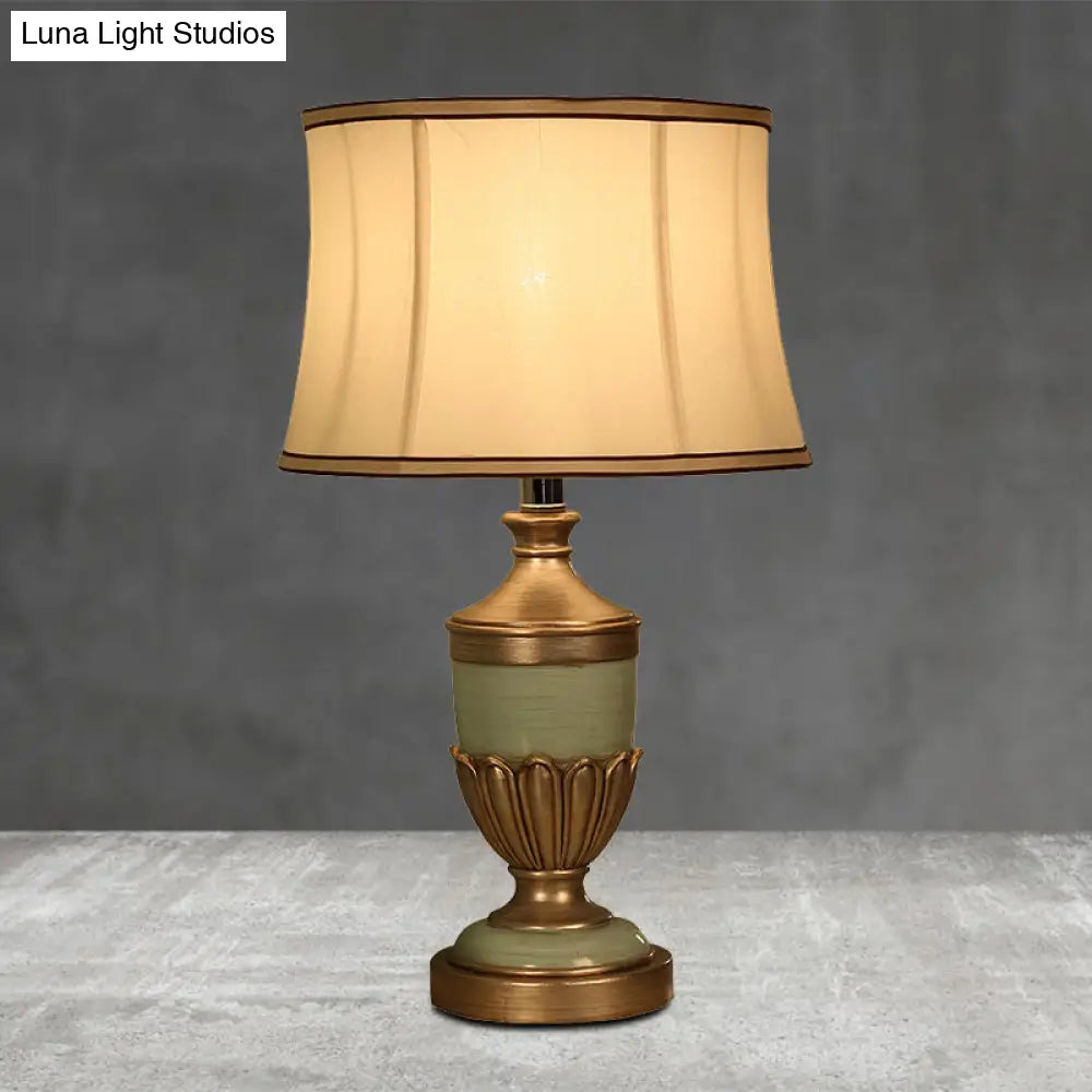 Vintage Drum Desk Lamp With Fabric Night Table Lighting - 1 Head Black/Brown/Green Pot Base