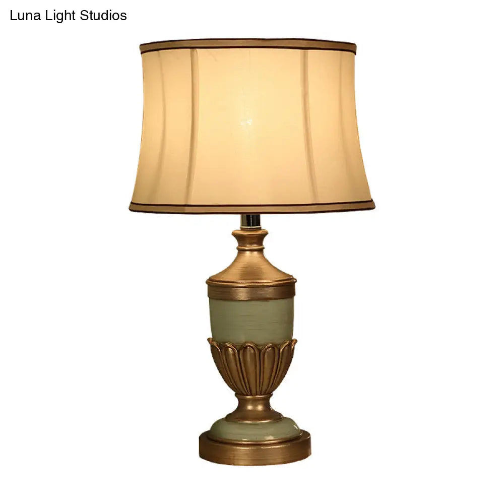 Vintage Drum Desk Lamp With Fabric Night Table Lighting - 1 Head Black/Brown/Green Pot Base