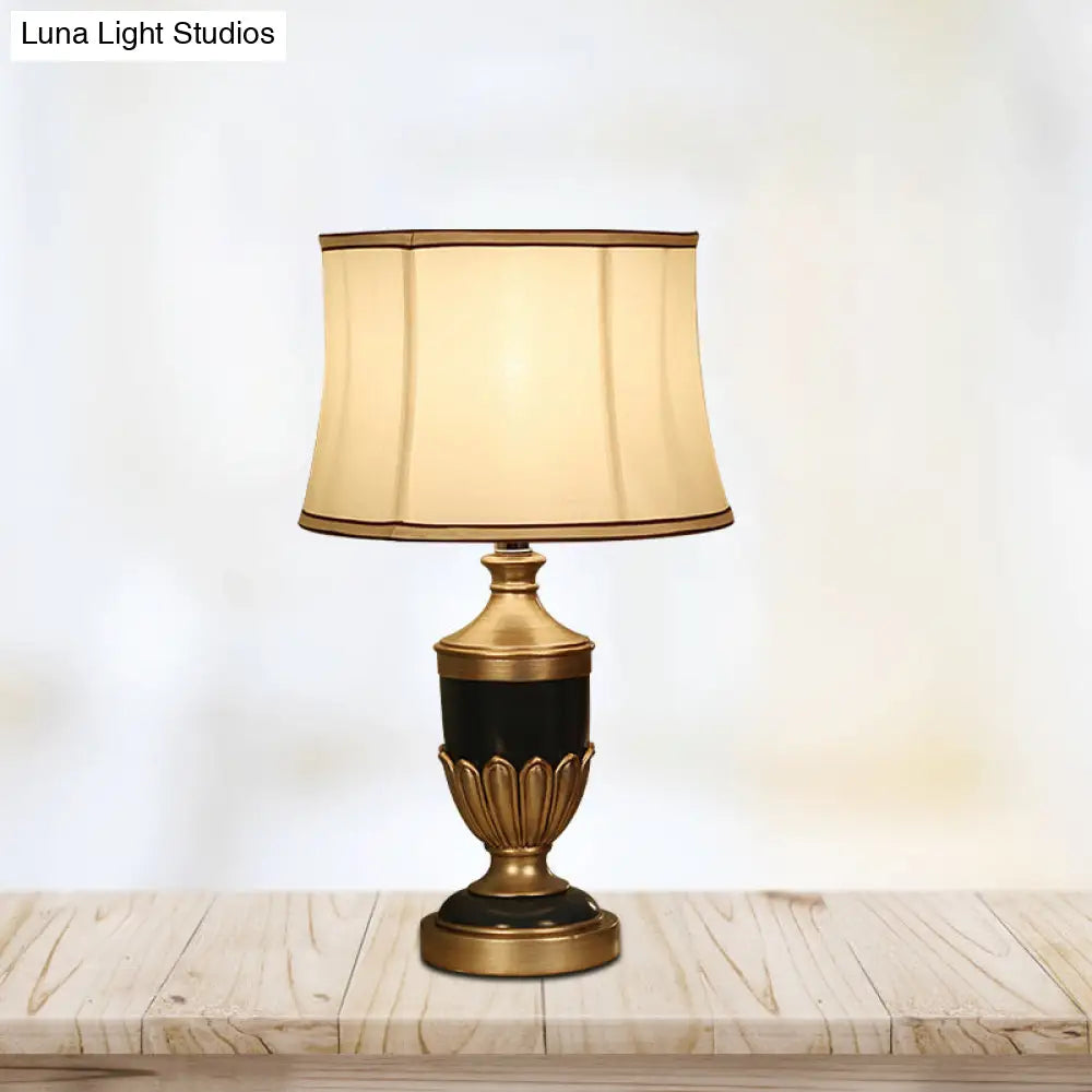 Vintage Drum Desk Lamp With Fabric Night Table Lighting - 1 Head Black/Brown/Green Pot Base