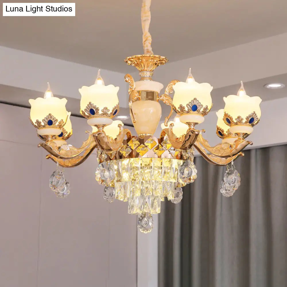 Vintage Floral Chandelier Pendant Light With Crystal - Cream Glass And Gold Finish