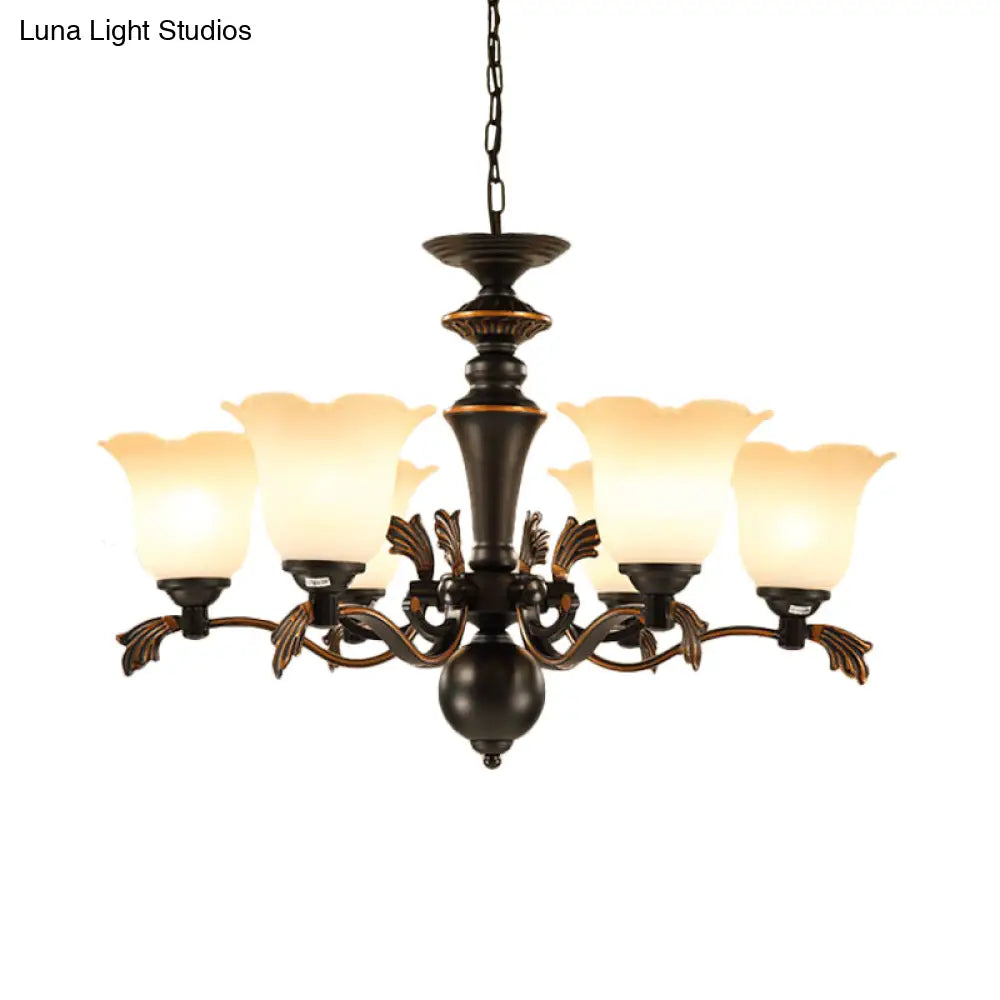 Vintage Floral Frosted Glass Chandelier - 6-Bulb Hanging Light Up Ceiling Suspension Black Finish