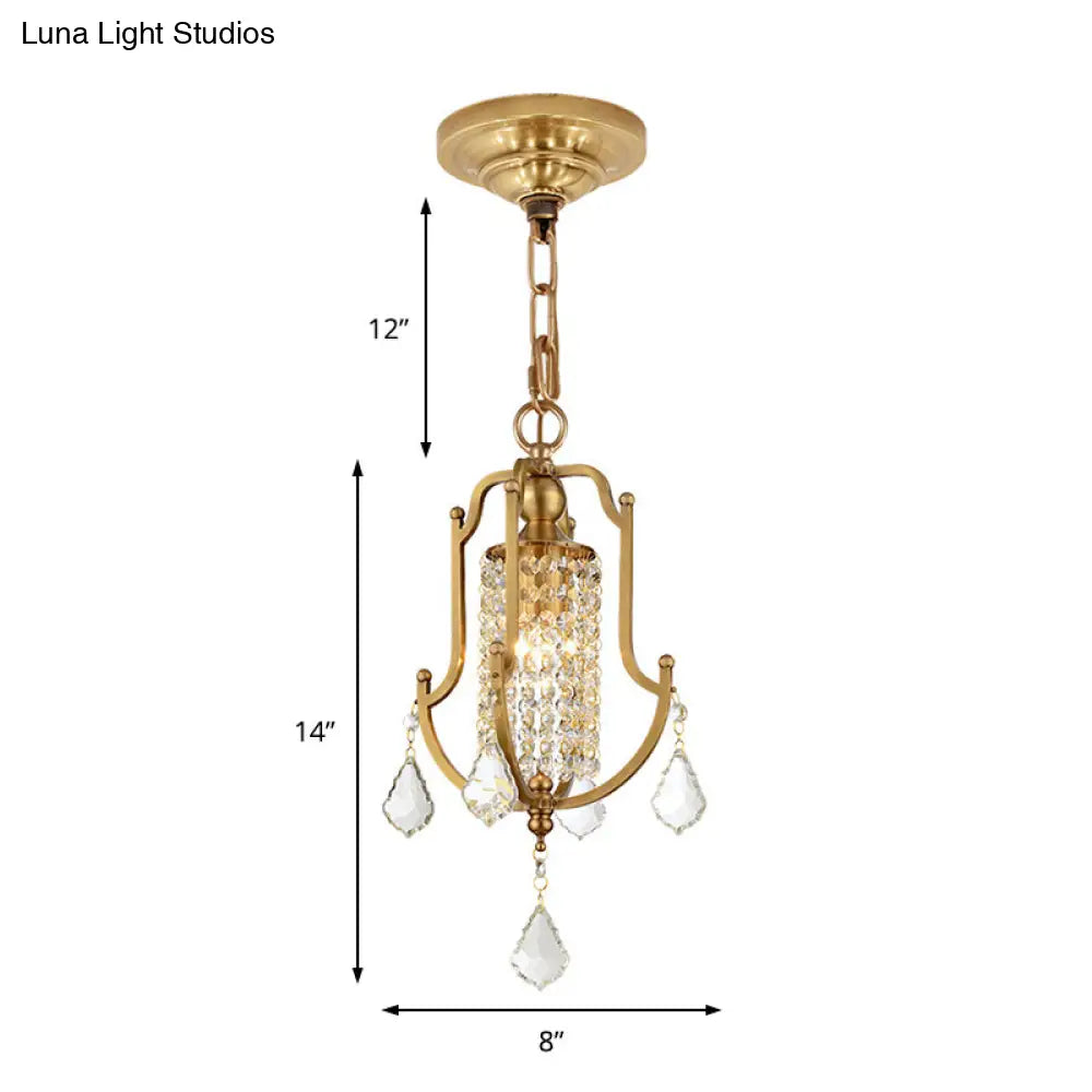 Vintage Metal Lantern Frame Pendant Ceiling Light with Crystal Accent Brass Finish Brass